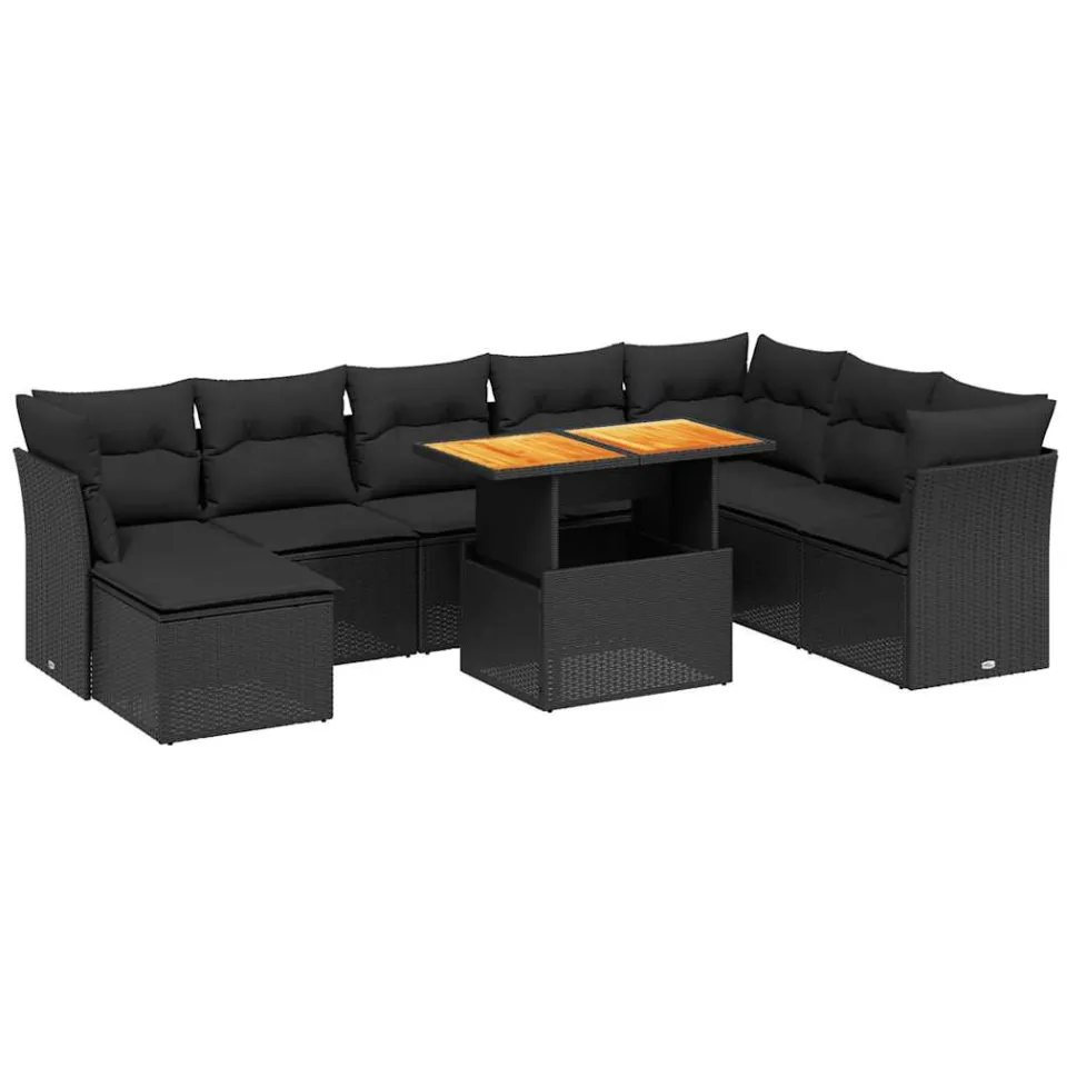 vidaXL 9-delige Loungeset met kussens poly rattan zwart