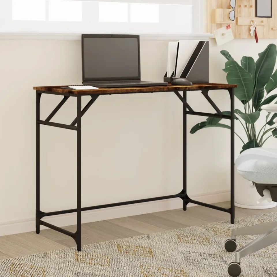 vidaXL Bureau 100x45x76 cm hout en gepoedercoat staal gerookt eiken, foto 3
