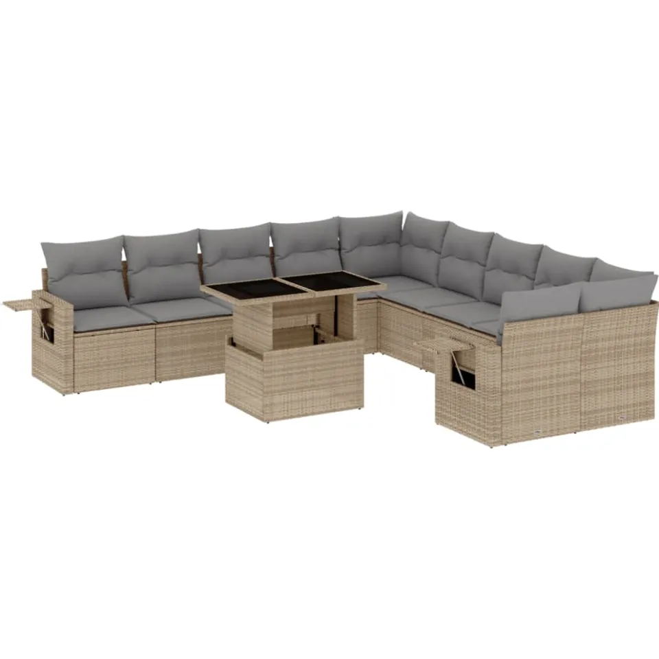 vidaXL 11-delige Tuinset met kussens poly rattan beige, foto 3