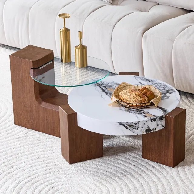 MIVRAY Salontafelset - Ronde Nesttafels Met Glas En Opbergruimte - Voor Woonkamer En Balkon - MDF - 61 En 44 Cm Wit