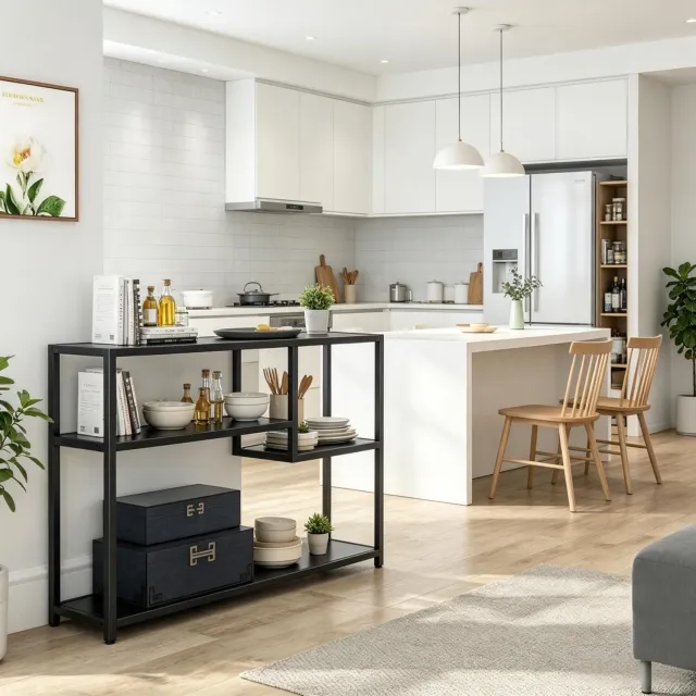 HAUSS SPOLE Sidetable - Open Opbergrek Met Vier Niveaus - Voor Hal En Woonkamer - Staal En Spaanplaat - 110x30x85 Cm - Zwart