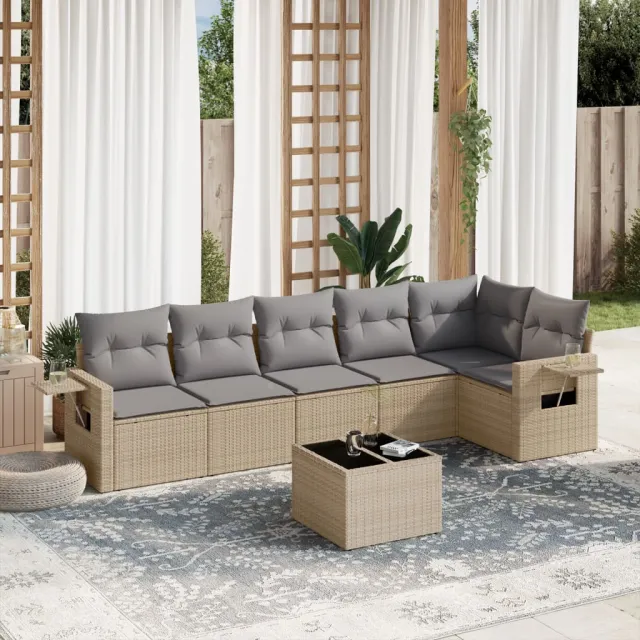 vidaXL 7-delige Loungeset met kussens poly rattan beige, foto 2