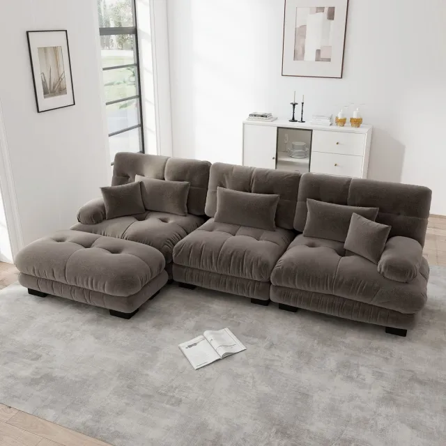 MODFU Modulaire Hoekbank - Diepe Zitting En Verplaatsbare Ottomans - Eigentijds - Chenille - Bruin