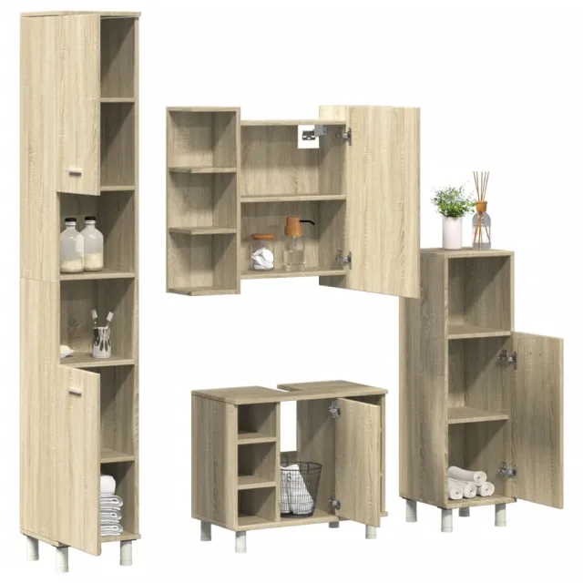 vidaXL 4-delige Badkamermeubelset bewerkt hout sonoma eikenkleurig Bruin