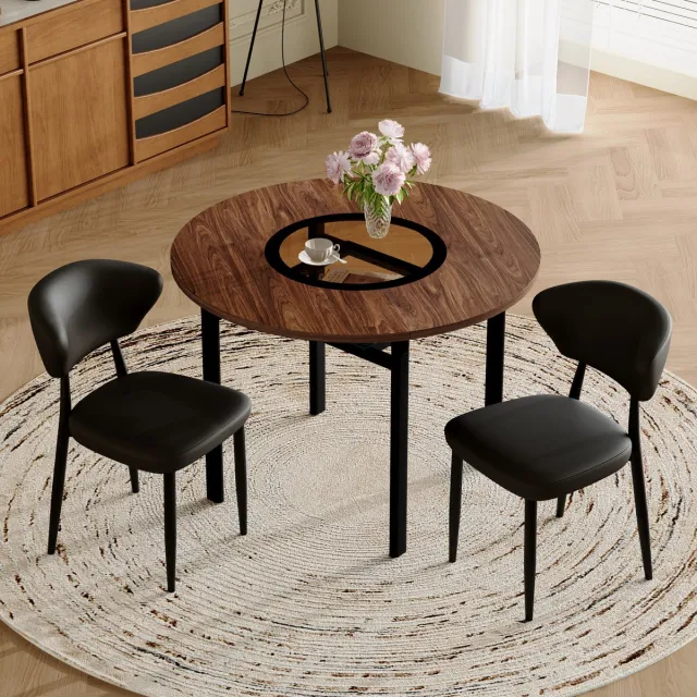 MODENUIT Eettafelset 100 cm - Ronde Tafel Met 2 Stoelen - Voor Eetkamer En Keuken - Glas, Metaal, PU - Bruin Zwart