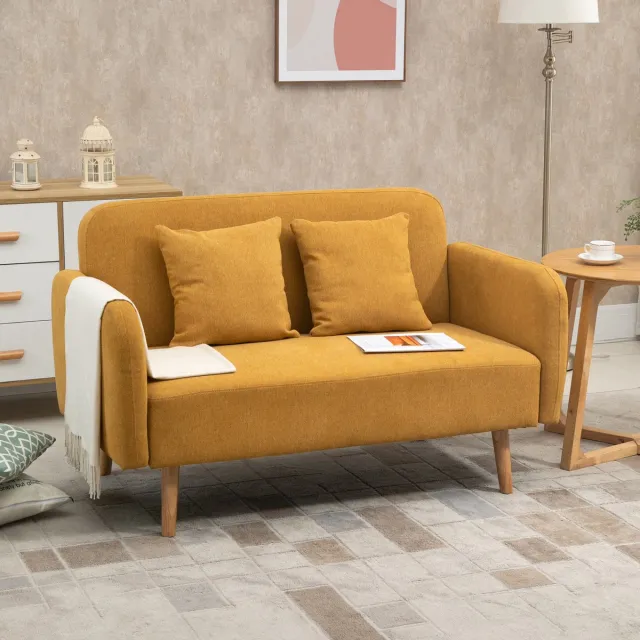 STILVORA Zitbank 130 Cm - 2-Zitsbank Met 2 Kussens En Verstelbare Voetsteunen - Voor Kleine Woonruimte En Keuken - Polyester Geel