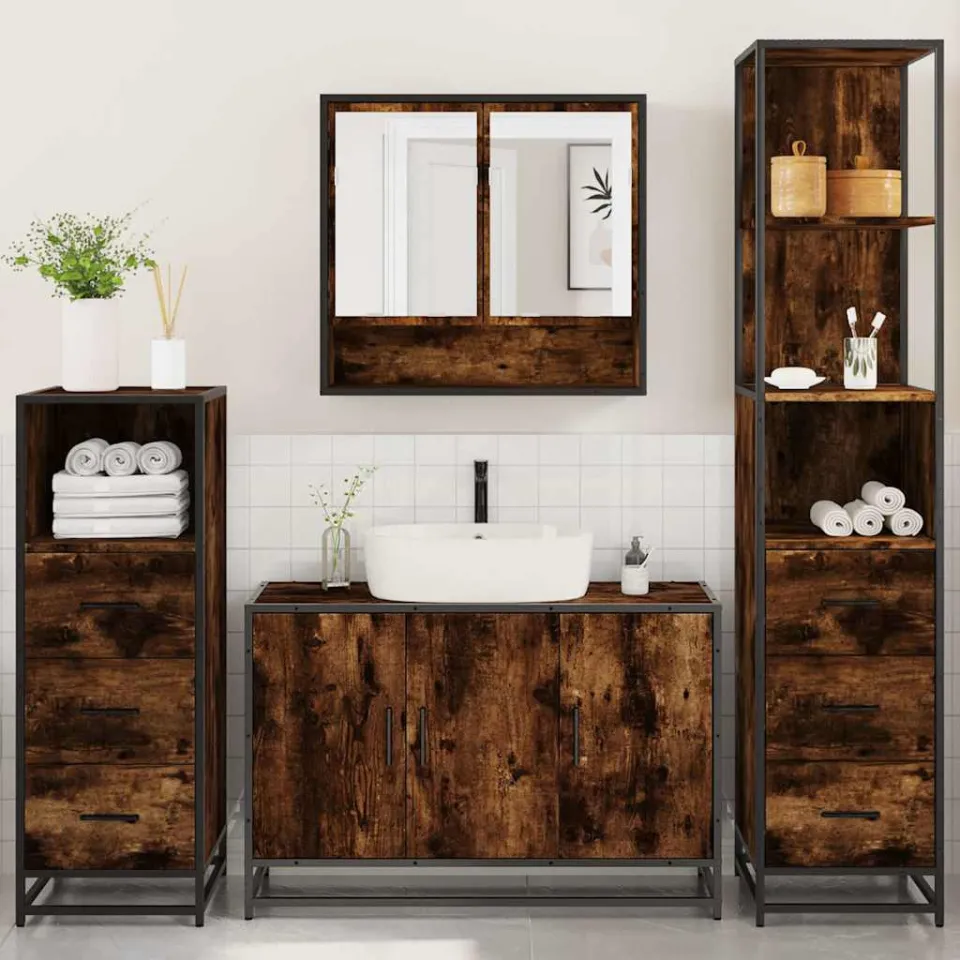 vidaXL 4-delige Badkamermeubelset bewerkt hout gerookt eikenkleurig, foto 3