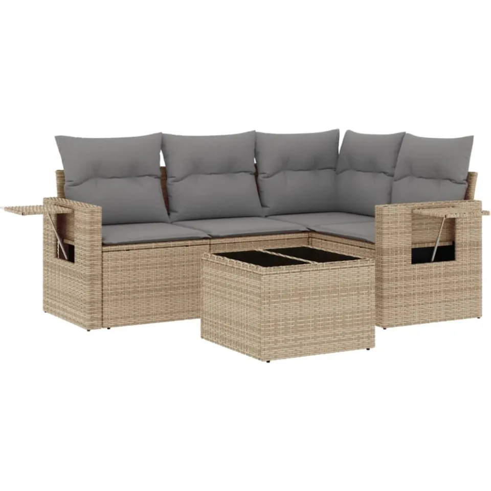 vidaXL 5-delige Loungeset met kussens poly rattan beige