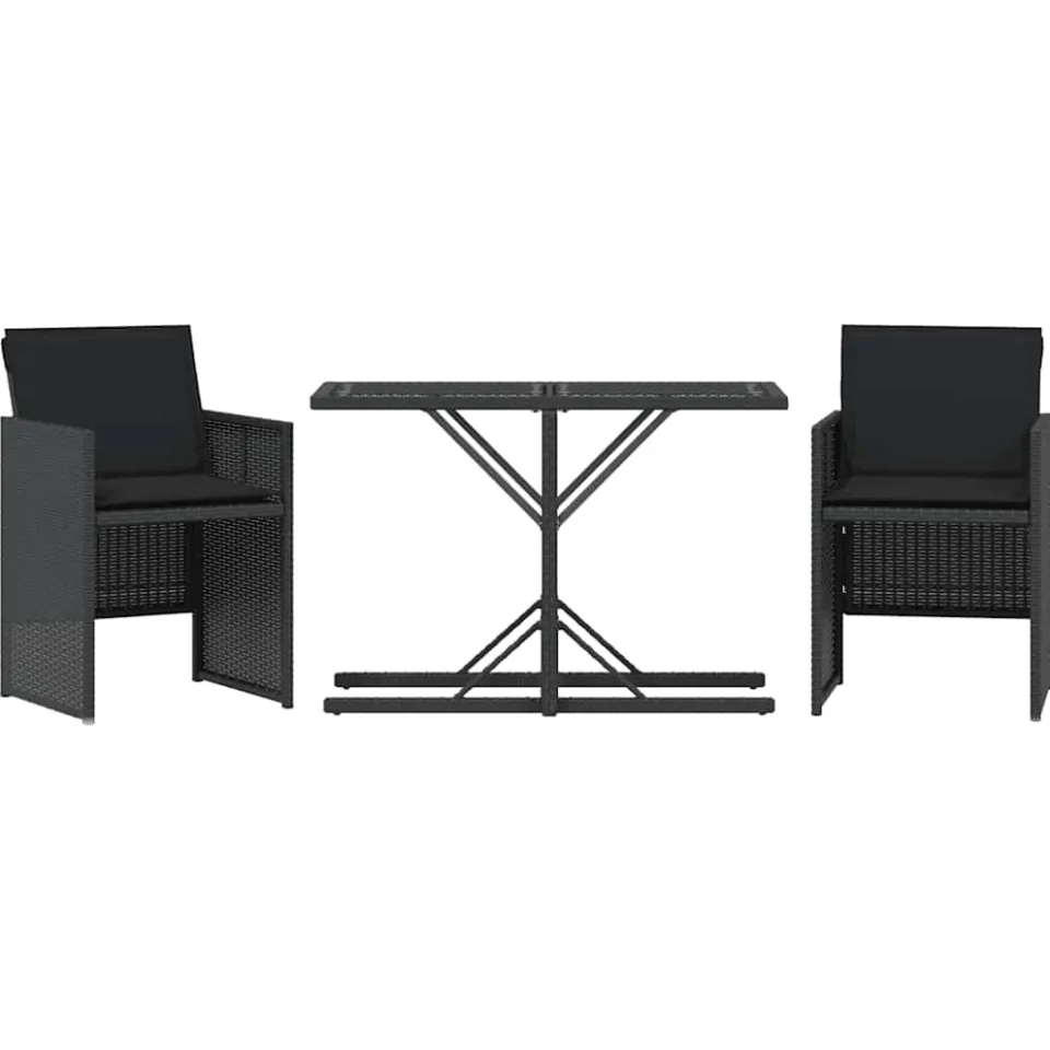 vidaXL 3-delige Bistroset met kussens poly rattan zwart