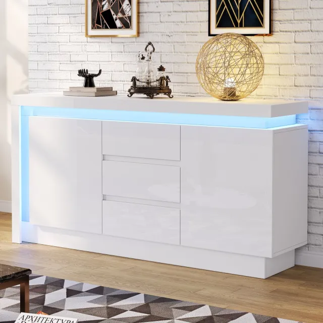 COVREO Dressoir 140 x 35 x 72 cm - 3 lades, 2 deuren, verstelbare planken, LED, wit