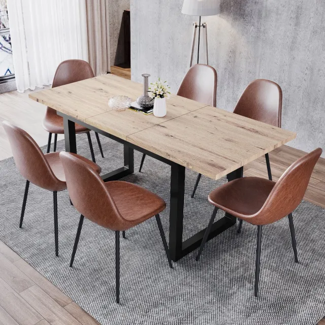 Sweiko Uitbreidbare Eettafel - Industriële stijl - Rechthoekige - ijzeren Eettafel - Eiken uiterlijk+Zwart(Zonder stoelen)