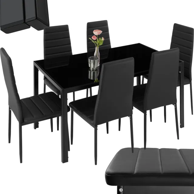 Tectake Eettafel Set met 6 Eetkamerstoelen - 130 x 70 x 75 cm - Eetkamergroep voor 6 Personen - Stoelen van Kunstleer - Robuust Tafelblad van Veiligheidsglas - Zwart