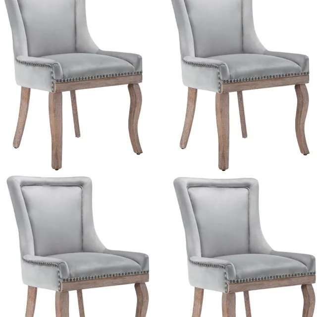 in& out door furniture Luxe eetkamerstoel (Keukenstoel woonkamerstoel, 4 stuks), gestoffeerde stoel met nagelkopversiering, massief houten poten, bekleding van fluweel, grijs