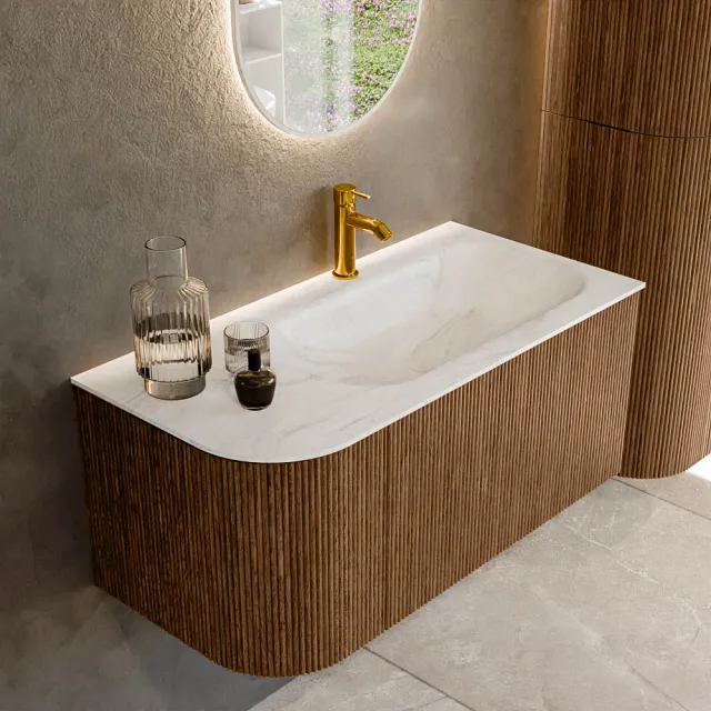Mondiaz KURVE-DLUX 95 cm Onderkast Greeploos 1 Lade Met Deuren Walnut, Wastafel Solid Surface Rechts Ostra 1 Kraangat Zonder Spiegel (KRVBGS95L1L1D1KR-Wal/Ost)
