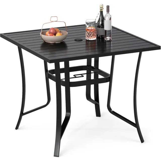 KOMFOTTEU Tuintafel, Buitentafel met Parasolgat van 4-6 cm, Vierkante Metalen Eettafel, Balkontafel met Antislip Voetjes, Terrastafel/Bijzettafel voor Terras & Tuin, 91x91x73 cm Zwart