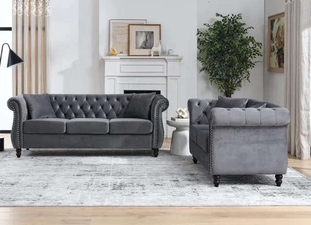 OKWISH Chesterfield Bank 2-Zits - Gecapitonneerde Knopen en Siernagels - Woonkamer en Kantoor - Fluweel en Hout - Grijs