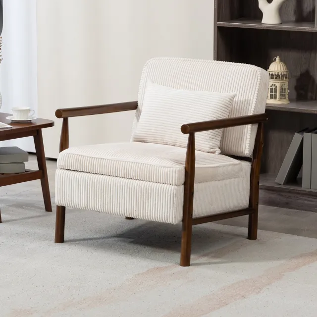 REDOM Fauteuil - Hoge dichtheid schuimvulling - Houten frame met armleuningen en opbergvak - Inclusief lendekussen - Klassiek - Velvet - Wit - 61 x 80 x 71,9 cm