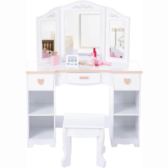 Danky Houten Kinderkaptafel met 3-Delige Spiegel & Krukje - Make-up Tafel Meisjes met 3 Lades - Wit