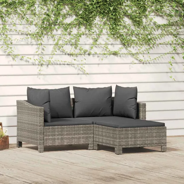 vidaXL 3-delige Loungeset met kussens poly rattan grijs
