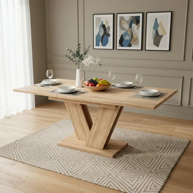 FLIEKS Uitschuifbare eettafel 140/180x80 cm - geschikt voor 4-6 personen - rechthoekig - verdikt tafelblad - V-vormige tafelpoten - eikenkleur