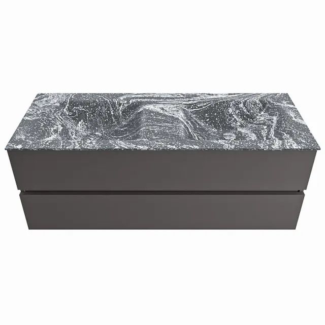Mondiaz VICA-DLUX 130cm badmeubel onderkast Dark grey 2 lades. Inbouw wastafel CLOUD dubbel zonder kraangat, kleur Lava.