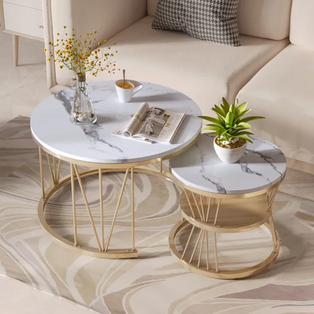 Yelenaro Set Van 2 Rond Salontafels, Modern Stapelbaar Ontwerp, Wit marmerlook tafelblad, goudkleurig metalen frame, Woonkamer Tafel