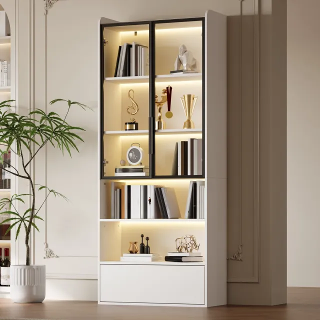 Clruro Vitrinekast - 80x34x180 cm - LED Verlichting met Glazen Deuren en Lade - Glas - Wit