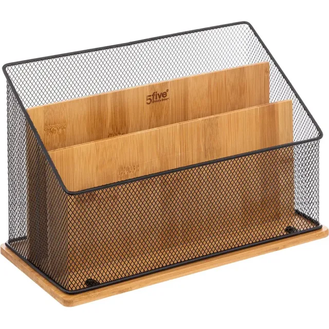 5Five® 5Five Lectuurbak - zwart - 29x14x20 cm - mesh en bamboe hout - tijdschriftenrek - bureau organizer