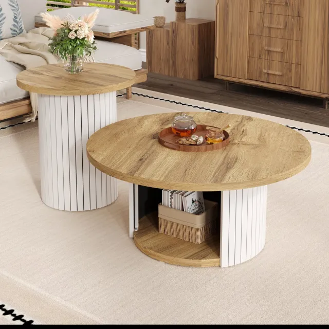 DESMIU Salontafel - Set Van Twee Ronde Tafels Met Opbergruimte - Voor Woonkamer En Gezellige Hoek - MDF - Natuurlijk - 75x75x50 En 45x45x35 Cm