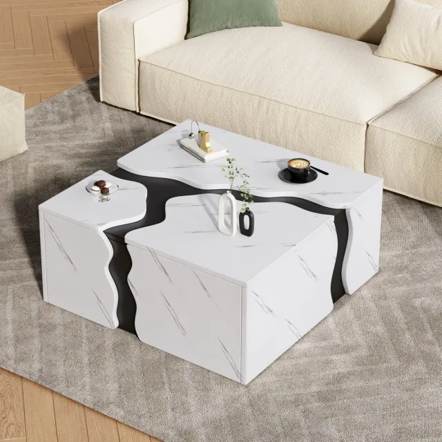 MEUNIQ Salontafel 70 x 70 x 31 cm – vierkante koffietafel met marmerlook, 1 lade met veermechanisme en ruime tafelplaat voor woonkamer – Wit