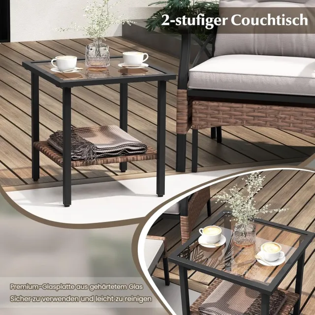 Laura Tuin Loungeset 5-delig 72x60x81 cm – PE Rotan Conversatieset met 2 Stoelen, 2 Voetenbanken & 2-Laags Glazen Tafel – Weerbestendig Balkon- & Terrasmeubilair – Bruin/Grijs – Laura