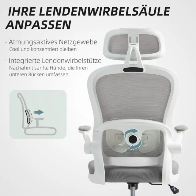 MEUNIQ ergonomische bureaustoel met net rugleuning, hoofdsteun, 2D lendensteun, klapbare armleuningen, wippfunctie, 5 wielen en verstelbare zithoogte, grijs