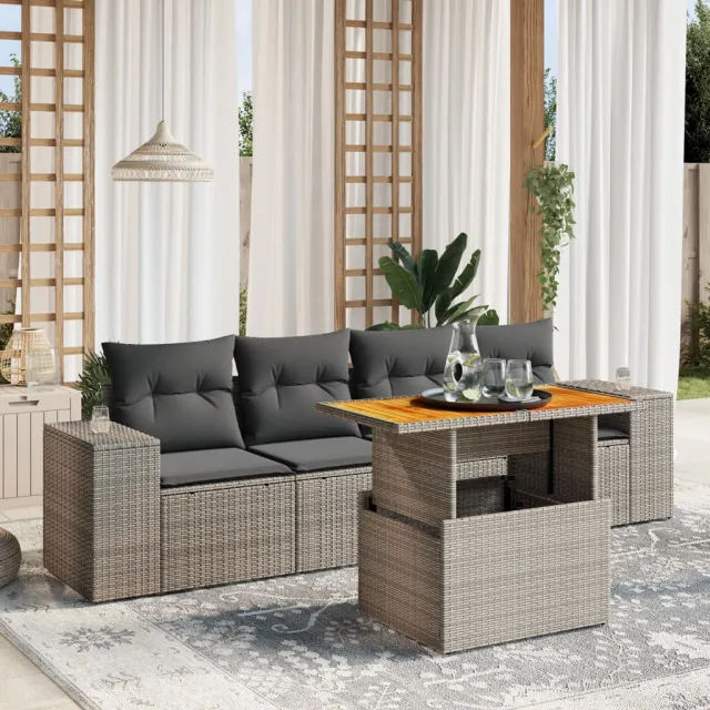 vidaXL 5-delige Loungeset met kussens poly rattan grijs, foto 2