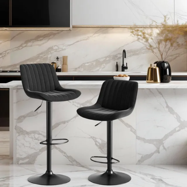 MEUNIQ barkruk set van 2 met velvet zitting, 360 graden draaibaar, in hoogte verstelbaar 87-109 cm, met rugleuning en voetensteun, zwart