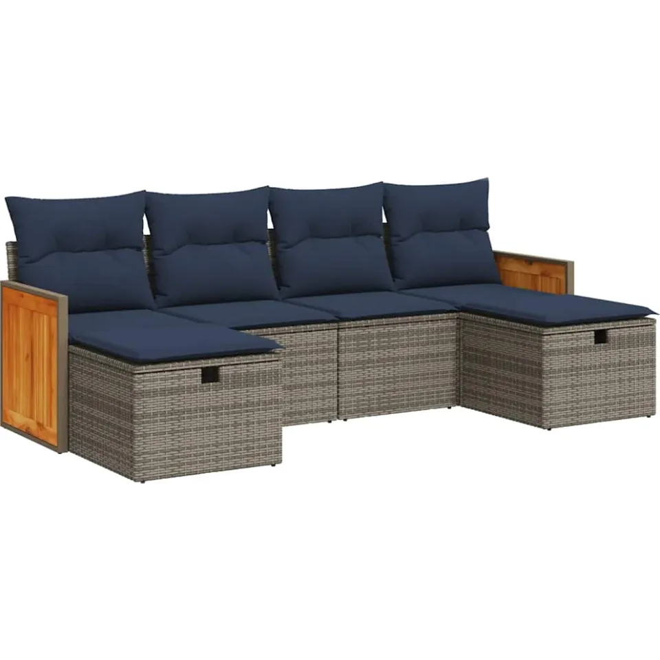 vidaXL 6-delige Loungeset met kussens poly rattan grijs, foto 3