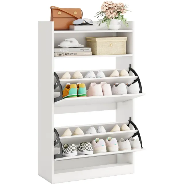 Costway Schoenenkast met 2 kleppen, smalle schoenorganizer met open opbergruimte, vrijstaand schoenenrek, hout, 60 x 24 x 102 cm, voor hal, hal en woonkamer (wit)
