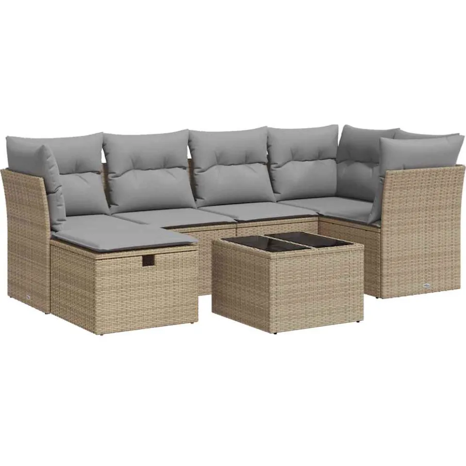 vidaXL 7-delige Loungeset met kussens poly rattan beige, foto 3