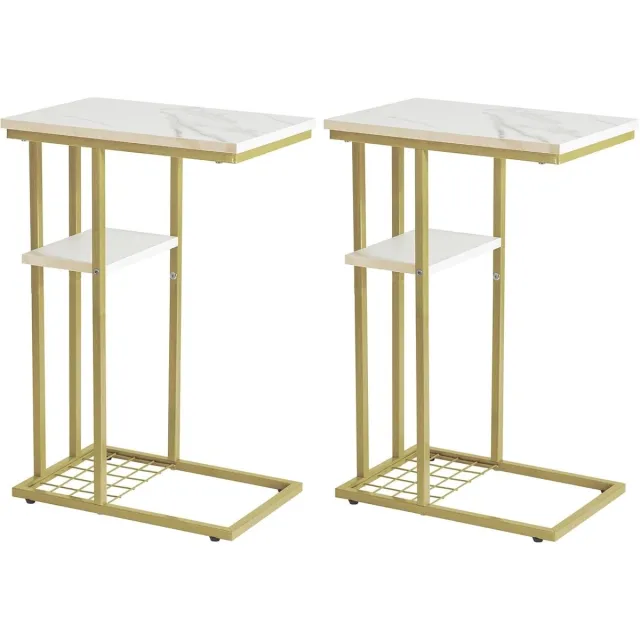 Vellaro Bijzettafel set - Marmeren patroon wit en goud - 40 x 26 x 61,5 cm - Industriële C-vormige bijzettafel met opbergplank - Voor woonkamer en slaapkamer