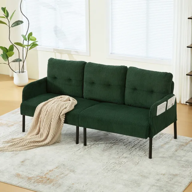 MODENUIT Zitbank 171 cm - 3-Zits Met Hoge Rugleuning En Zijvak - Voor Woonkamer Of Werkkamer - Cord Emerald Emerald groen