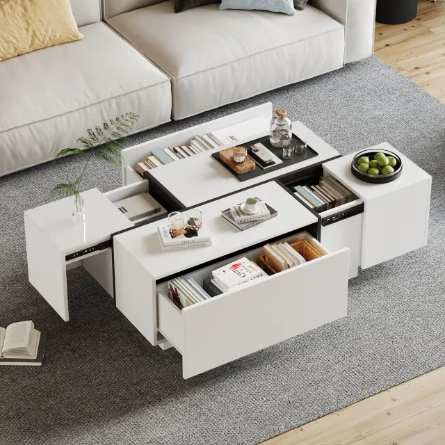 Clruro Salontafel - 100x60x40 cm - Hoogglans Patchwork Met 4 Lades En Schuifblad - MDF - Wit
