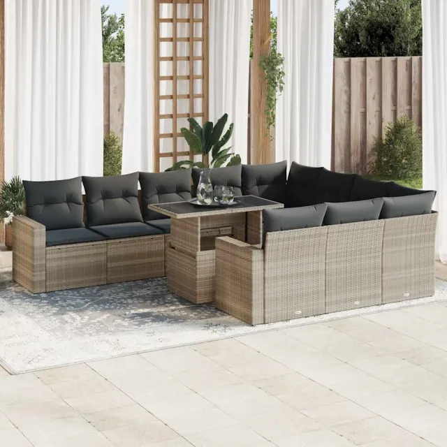 vidaXL 11-delige Loungeset met kussens poly rattan lichtgrijs grijs, foto 2