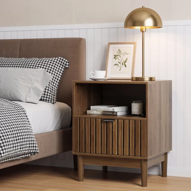 REDOM Nachtkastje 45x39x56,5 cm - Met lade, open vak en gestreept front - Walnootkleurig