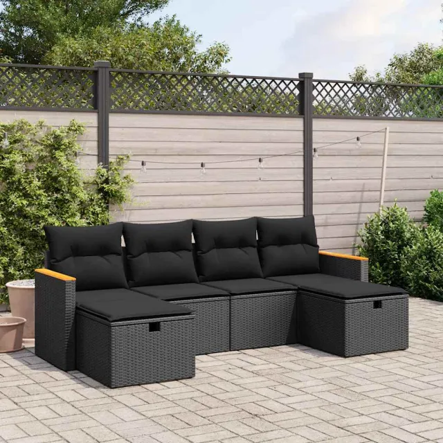 vidaXL 6-delige Loungeset met kussens poly rattan zwart, foto 2