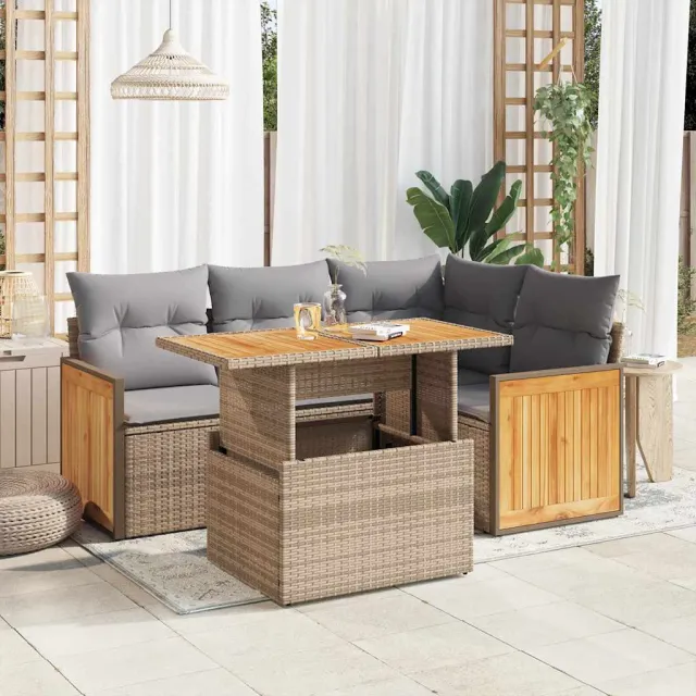 vidaXL 5-delige Loungeset met kussens poly rattan en acaciahout beige, foto 2