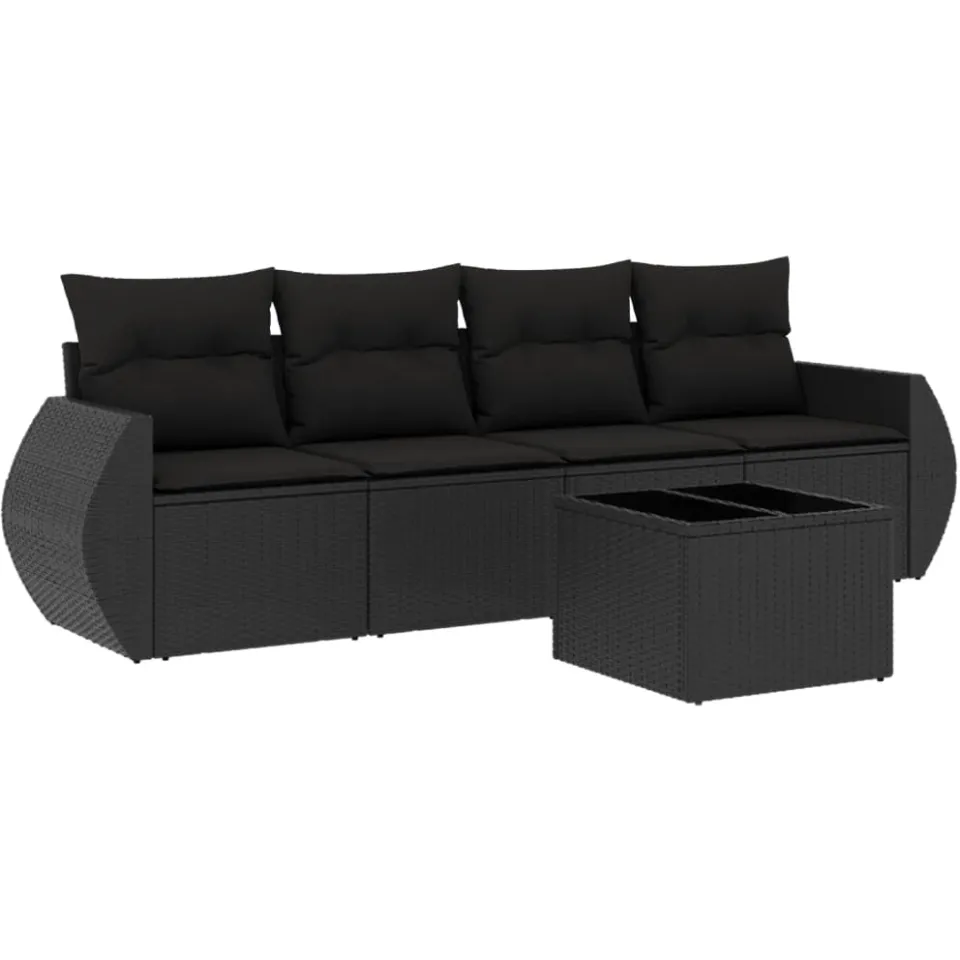 vidaXL 5-delige Loungeset met kussens poly rattan zwart, foto 3