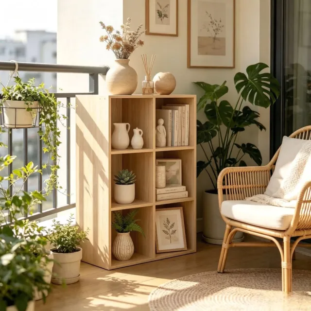 MEUNIQ Open boekenkast met 6 vakken, 59,6 x 89 x 29 cm, eikenkleurig staand of liggend vakkenrek, 15 kg per vak, voor woonkamer en werkkamer