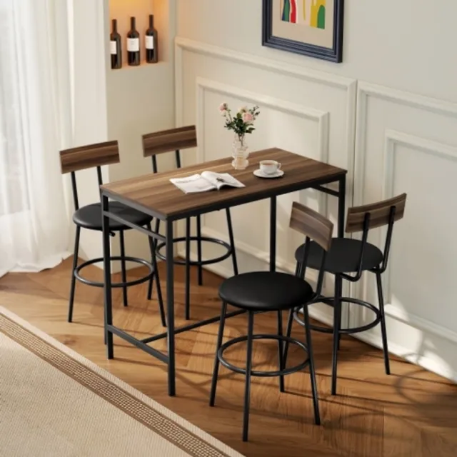 Zubaliya 5-delige Bartafel Set met 4 Barkrukken – Industrieel Design – Bruine Houtlook en Staal Bruin (Wood Look) / Zwart Frame