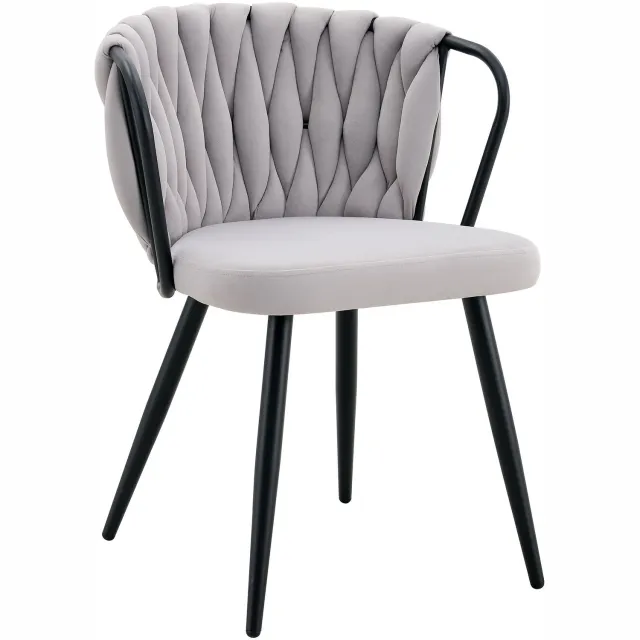 MUVANO Lichtgrijze fluwelen eetkamerstoelen set van 2 - Keukenstoelen met armleuningen - Handgevlochten rugleuning - Zwart metalen onderstel Lichtgrijs