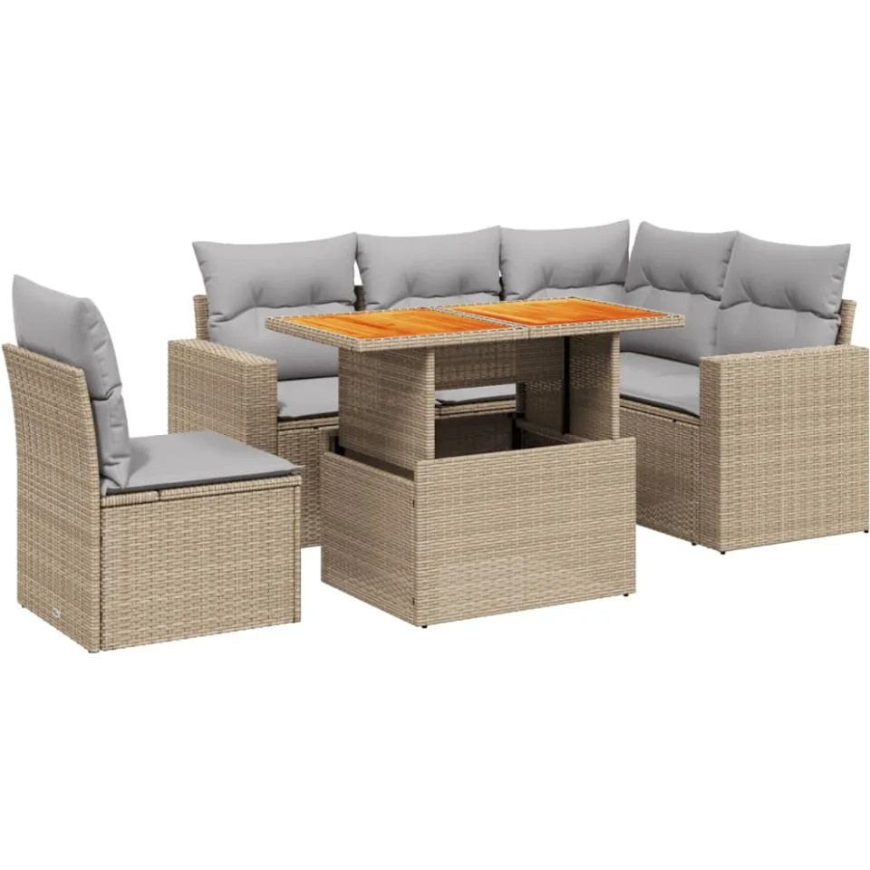 vidaXL 6-delige Loungeset met kussens poly rattan beige, foto 3