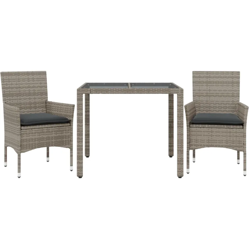 vidaXL 3-delige Tuinset met kussens poly rattan en glas grijs, foto 3